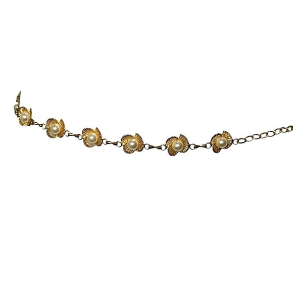 Vintage 80's gold chain belt with pearl flowers clips shut 45" from end to end - Picture 6 of 9